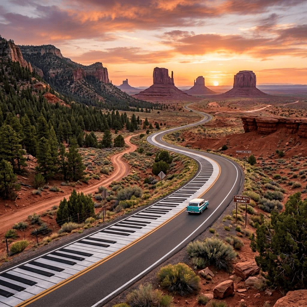 Piano-key road winding through desert mesas at sunset, with turquoise van and PIANO KEYS NORTH sign